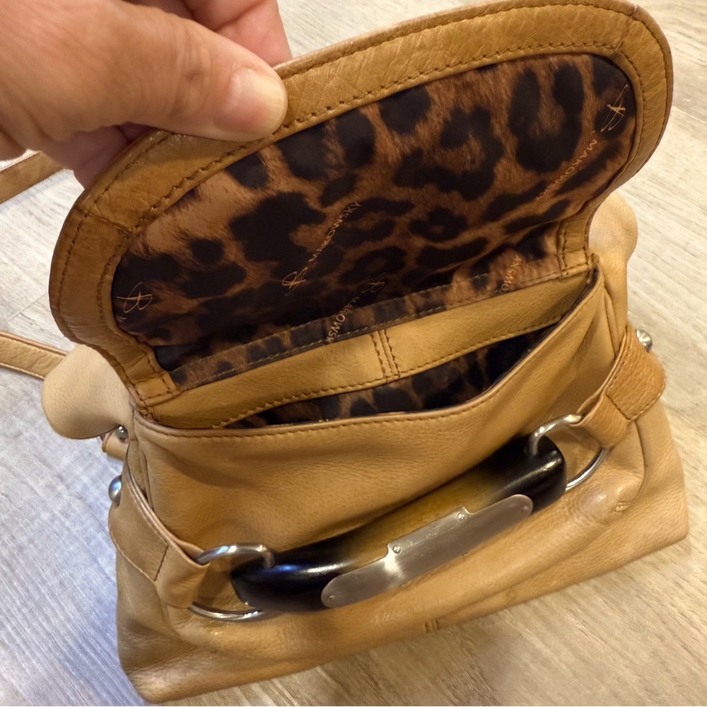 BMakowsky Tan Leather Crossbody Bag with Silver and Wood Detail Leopard Lining - Picture 3 of 4